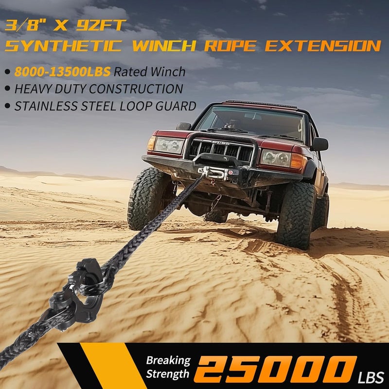 AlltoAuto 3/8 Inch x 92 Feet Synthetic Winch Rope Extension 26,500 Lbs for Off Road Vehicle ATV UTV SUV Black - Image 2